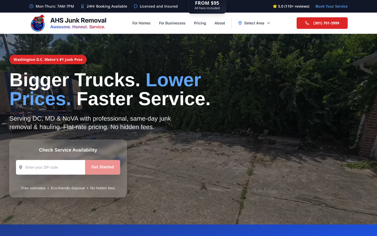 The AHS Junk Removal website homepage.