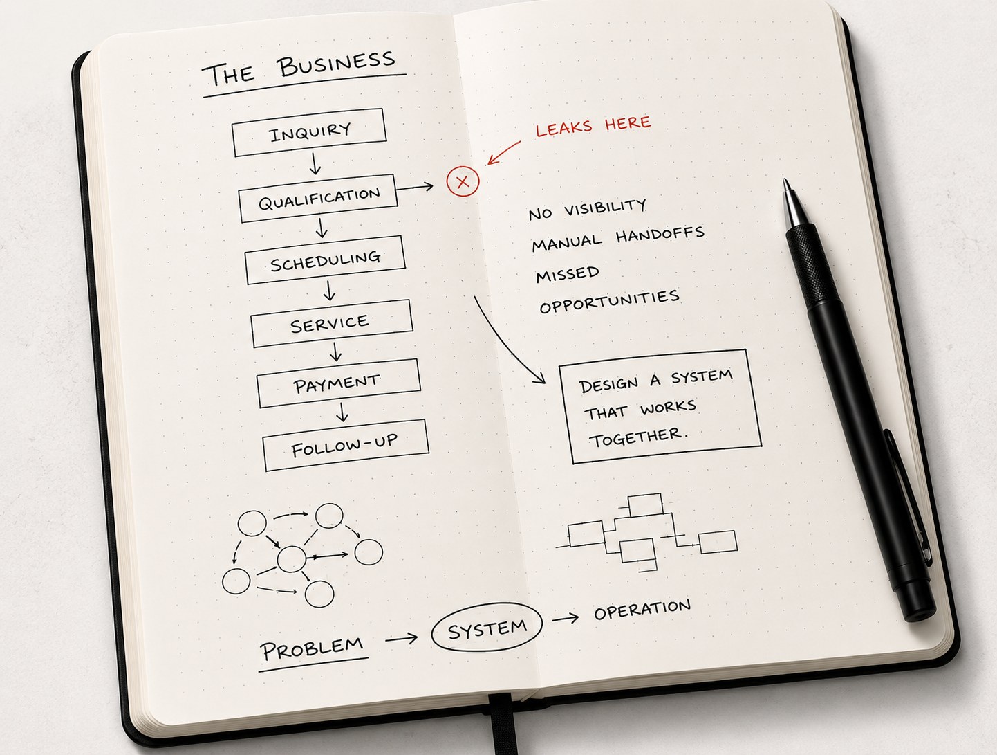 An open dot grid notebook showing the business mapped out by hand, from inquiry through follow up, with the point where work leaks circled.